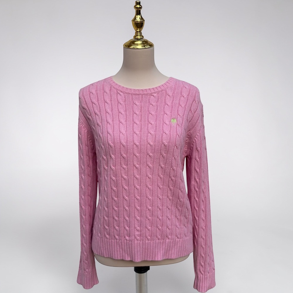 VTG Lilly Pulitzer White Label Cable Knit Sweater XL Pink Cotton Tennis Preppy